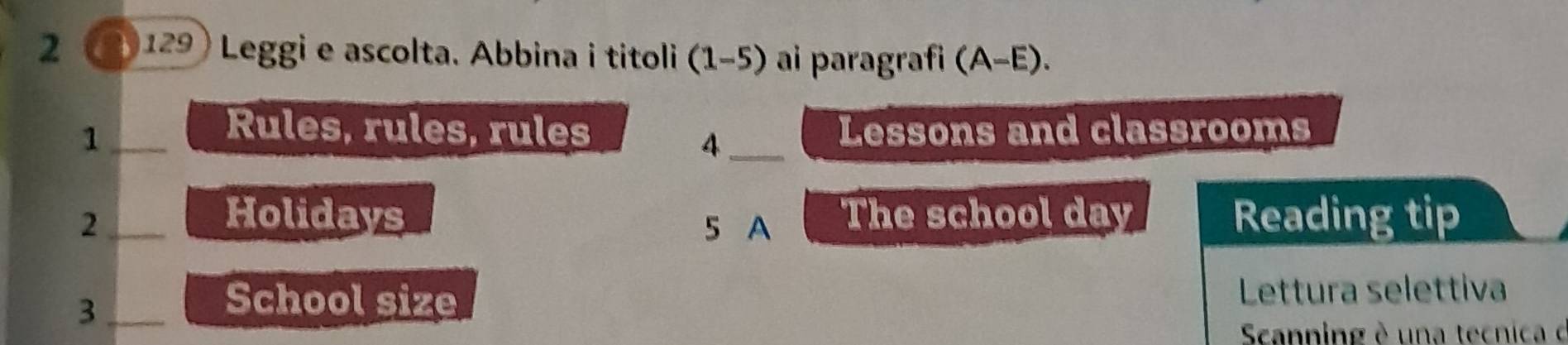 2 2129) Leggi e ascolta. Abbina i titoli (1-5) ai paragrafi (A-E) 
Rules, rules, rules 
1 __Lessons and classrooms 
4 
Holidays 
2_ 5 A The school day Reading tip 
_3 
School size Lettura selettiva 
Scanning è una tecnica o