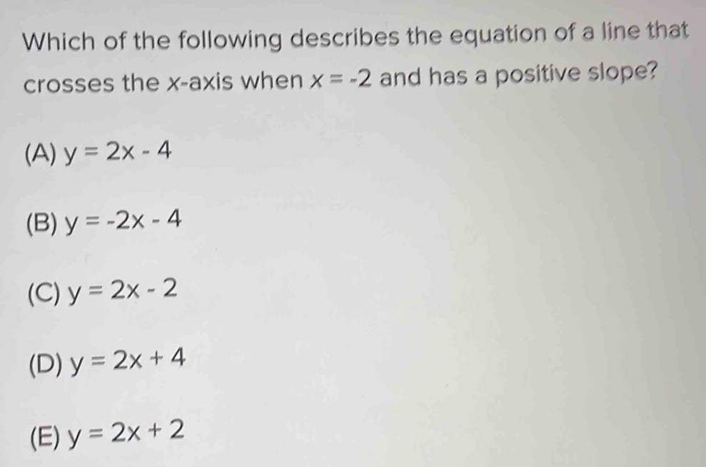 Which of the following describes the equation of a line that
crosses the x-axis when x=-2 and has a positive slope?
(A) y=2x-4
(B) y=-2x-4
(C) y=2x-2
(D) y=2x+4
(E) y=2x+2