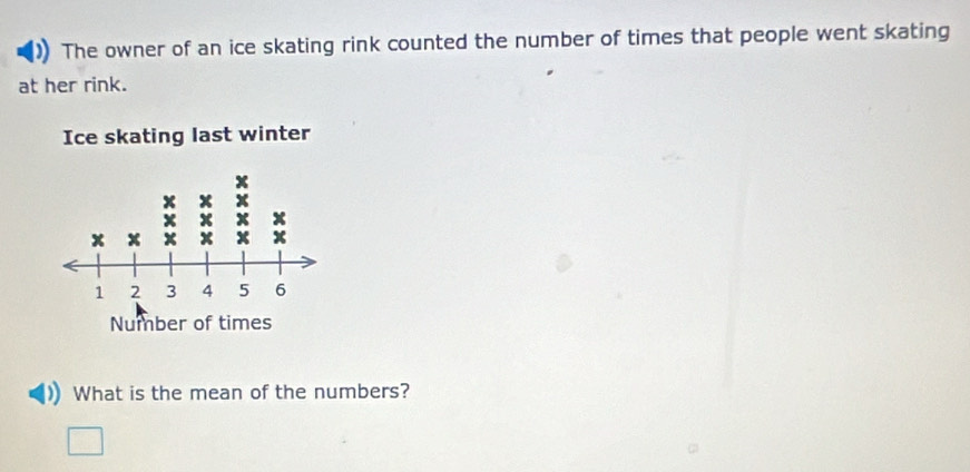 The owner of an ice skating rink counted the number of times that people went skating 
at her rink. 
Ice skating last winter 
What is the mean of the numbers?