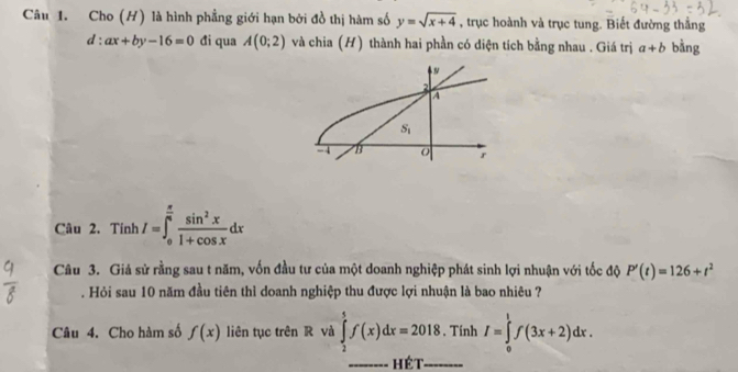 Cho (H) là hình phẳng giới hạn bởi đồ thị hàm số y=sqrt(x+4) , trục hoành và trục tung. Biết đường thắng
d:ax+by-16=0 đi qua A(0;2) và chia (H) thành hai phần có diện tích bằng nhau . Giá trị a+b bằng 
4
S_1
-4 B r 
Câu 2. TinhI=∈t _0^((frac π)4) sin^2x/1+cos x dx
Câu 3. Giả sử rằng sau t năm, vốn đầu tư của một doanh nghiệp phát sinh lợi nhuận với tốc độ P'(t)=126+t^2. Hỏi sau 10 năm đầu tiên thì doanh nghiệp thu được lợi nhuận là bao nhiêu ? 
Câu 4. Cho hàm số f(x) liên tục trên R và ∈tlimits _2^5f(x)dx=2018. Tính I=∈tlimits _0^1f(3x+2)dx. 
_hét_