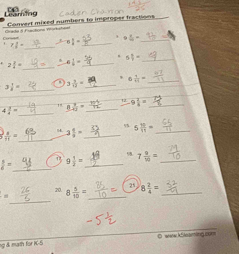 Learning 
Convert mixed numbers to improper fractions 
Grade 5 Fractions Worksheet 
Convert. 3 9 2/10 = _ 
2 6 5/8 = _ 
1 7 3/5 = _
5 5/7 = _ 
5. 6 1/9 = _ 
4 2 2/4 = _ 
9. 6 1/11 = _ 
8 3 3/12 = _ 
_ 3 1/8 =
12. 9 2/8 = _ 
11. 8 9/12 = _
4 3/4 = _ 
15. 5 10/11 = _ 
_ 5 8/11 =
14. 3 6/9 = _ 
18. 7 9/10 = _ 
_  5/6 =
1. 9 1/2 = _ 
21 8 2/4 = _ 
_ 
= 
20. 8 5/10 = _ 
g & math for K-5 www.k5learing.com