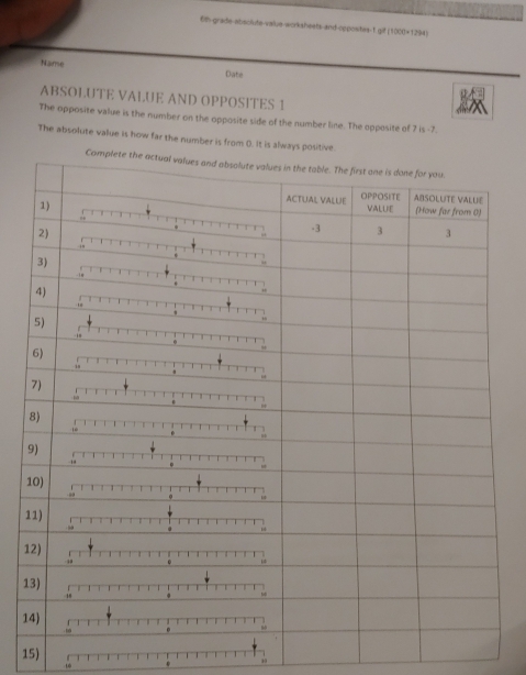 6th-grade-absolute-value-workshests and-oppostes 1,gP(1000* 0+1204)
Name
Date
ABSOLUTE VALUE AND OPPOSITES 1
The opposite value is the number on the opposite side of the number line. The opposite of 7 is -7.
The absolute value is how far the number is from (). It is always positiv.
1
1
1
1
1
15)