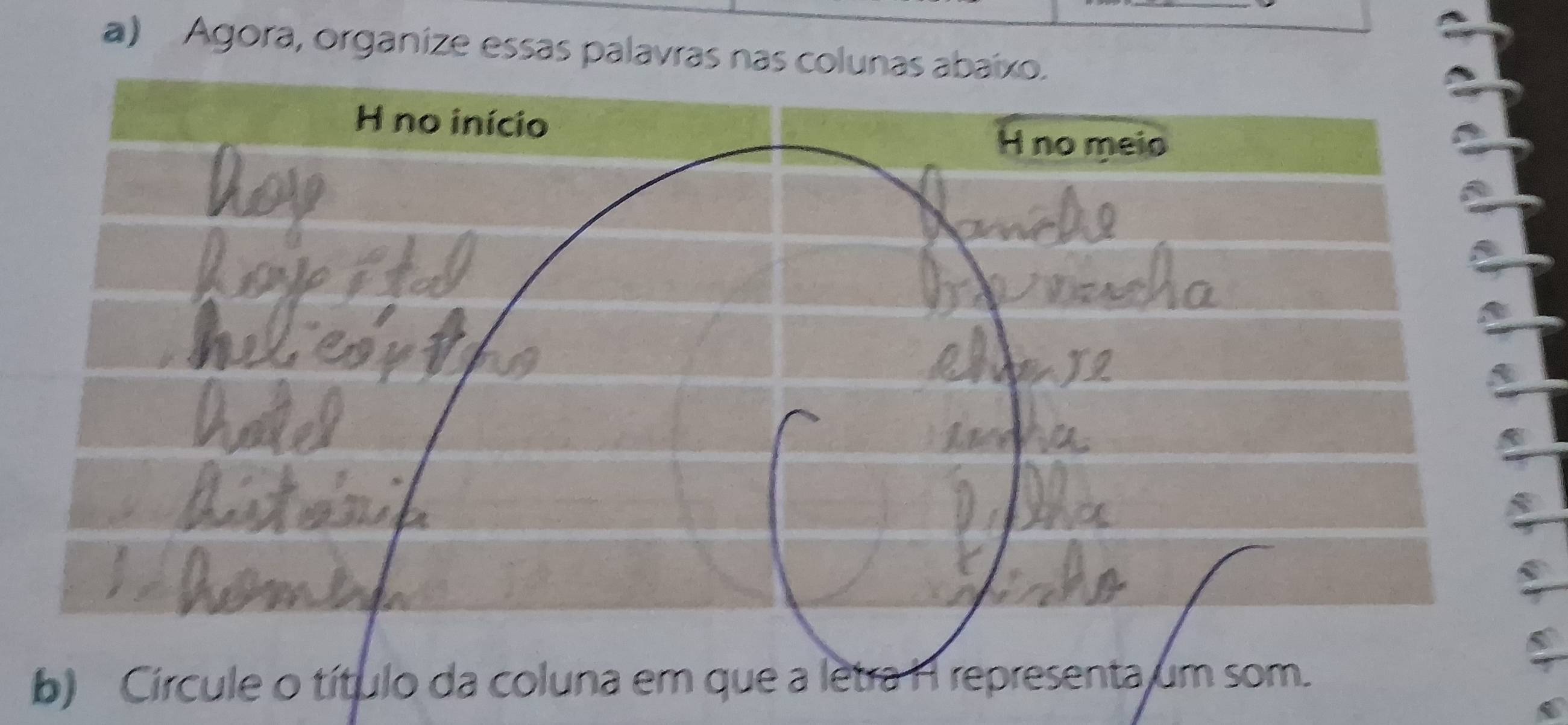 Agora, organize essas palavras nas colunas abaíxo. 
b) Círcule o título da coluna em que a letra H representa um som.