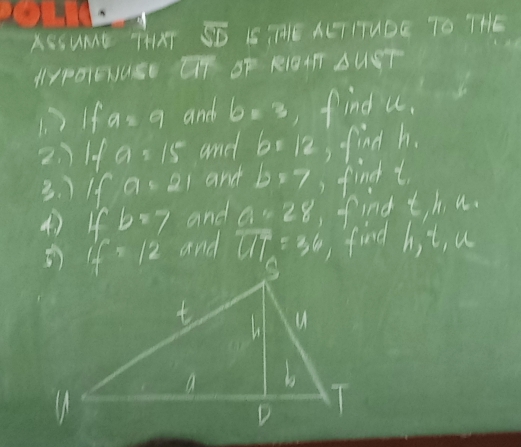 XESUME THXT sqrt[6](D) LS THE ALT ITUDE TO THE
MyPOIENUSe overline CIT O R1OAT △ UST
If a=9 and b=3 find u.
214 a=15 aned b=12 find h.
3. )If a=21 and b=7 find t
4 ifb=7 and a=28 find tha.
and 27% =36 , find hit, u