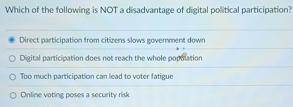 Which of the following is NOT a disadvantage of digital political participation?
Direct participation from citizens slows government down
Digital participation does not reach the whole population
Too much participation can lead to voter fatigue
Online voting poses a security risk