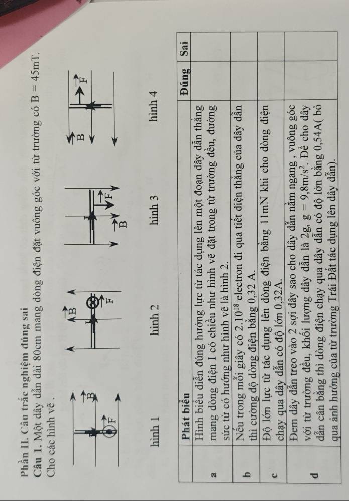 Phần II. Câu trắc nghiệm đúng sai
Câu 1. Một dây dẫn dài 80cm mang dòng điện đặt vuông góc với từ trường có B=45mT.
Cho các hình vẽ .
hình 1 hình 2 hình 3 hình 4