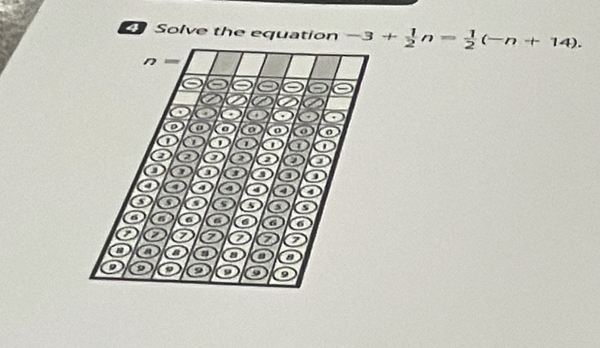 Solve the equation -3+ 1/2 n= 1/2 (-n+14).