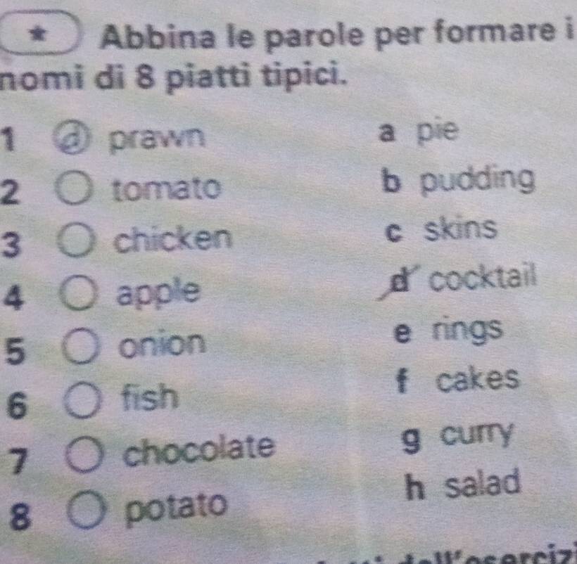 Abbina le parole per formare i
nomi di 8 piatti tipici.
1 a prawn a pie
2 tomato b pudding
3 chicken c skins
4 apple d cocktail
e rings
5
onion
f cakes
6
fish
7 chocolate g curry
h salad
8
potato