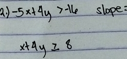 a -5x+4y>-16 slope:
x+4y≥ 8