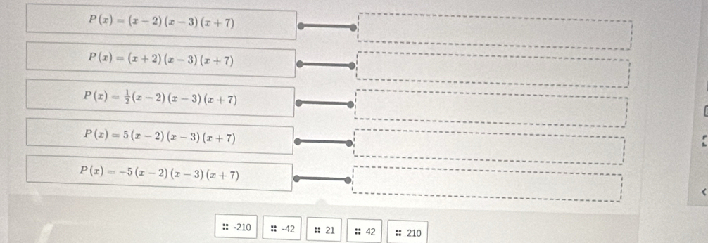 P(x)=(x-2)(x-3)(x+7)
P(x)=(x+2)(x-3)(x+7)
P(x)= 1/2 (x-2)(x-3)(x+7)
P(x)=5(x-2)(x-3)(x+7)
P(x)=-5(x-2)(x-3)(x+7) < 
:: -210 :: -42 :: 21 :: 42 # 210