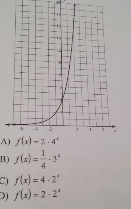 20
A)
B) f(x)= 1/4 · 3^x
C) f(x)=4· 2^x
D) f(x)=2· 2^x