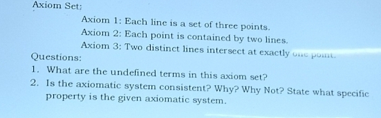 Axiom Set: 
Axiom 1: Each line is a set of three points. 
Axiom 2: Each point is contained by two lines. 
Axiom 3: Two distinct lines intersect at exactly one point. 
Questions: 
1. What are the undefined terms in this axiom set? 
2. Is the axiomatic system consistent? Why? Why Not? State what specific 
property is the given axiomatic system.