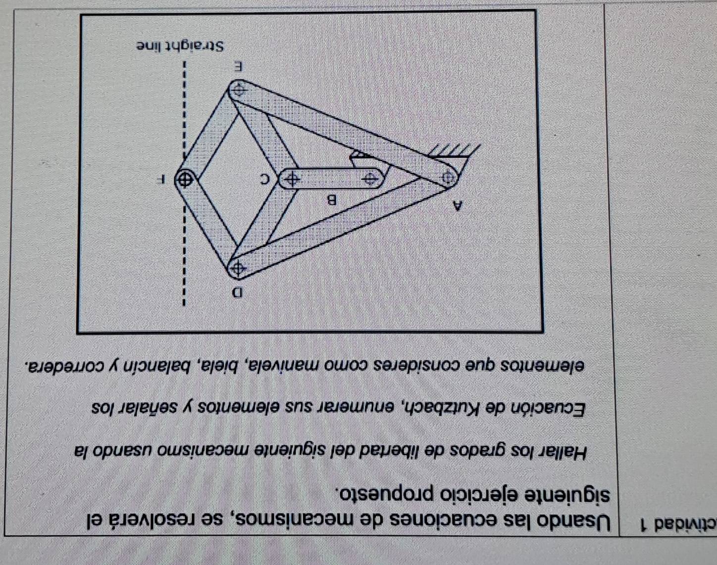 ctividad 1 Usando las ecuaciones de mecanismos, se resolverá el 
siguiente ejercicio propuesto. 
Hallar los grados de libertad del siguiente mecanismo usando la 
Ecuación de Kutzbach, enumerar sus elementos y señalar los 
elementos que consideres como manivela, biela, balancín y corredera.