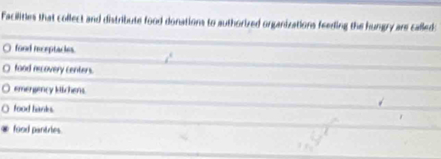 Facilities that collect and distribute food donations to authorized organizations feeding the hungry are called:
food receptaces.
tood recovery centers.
emergency klichens
food banks.
food pantries.