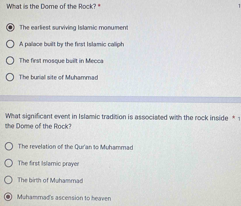 What is the Dome of the Rock? * 1
The earliest surviving Islamic monument
A palace built by the first Islamic caliph
The first mosque built in Mecca
The burial site of Muhammad
What significant event in Islamic tradition is associated with the rock inside * 1
the Dome of the Rock?
The revelation of the Qur'an to Muhammad
The first Islamic prayer
The birth of Muhammad
Muhammad's ascension to heaven