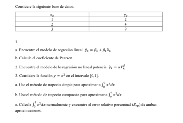 Considere la siguiente base de datos:
1.
a. Encuentre el modelo de regresión lineal hat y_k=beta _0+beta _1X_k
b. Calcule el coeficiente de Pearson
2. Encuentre el modelo de lo regresión no lineal potencia hat y_k=alpha X_k^((beta)
3. Considere la función y=x^2) en el intervalo [0,1].
a. Use el método de trapecio simple para aproximar a ∈t _0^(1x^2)dx
b. Use el método de trapecio compuesto para aproximar a ∈t _0^(1x^2)dx
c. Calcule ∈t _0^(1x^2)dx normalmente y encuentre el error relativo porcentual (E_rp) de ambas
aproximaciones.