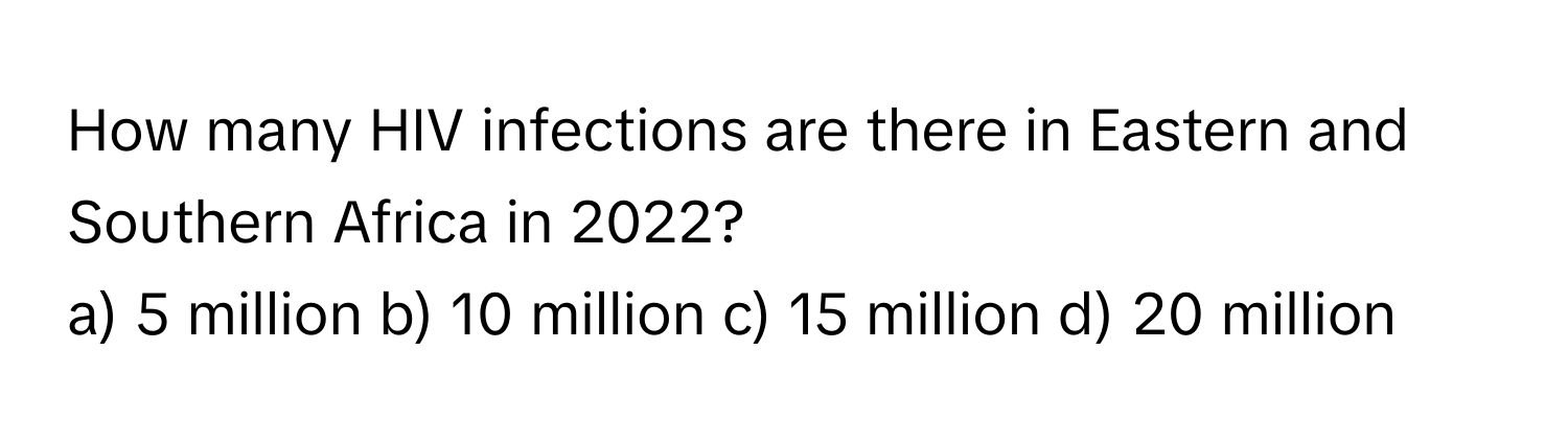 How many HIV infections are there in Eastern and Southern Africa in 2022?

a) 5 million b) 10 million c) 15 million d) 20 million