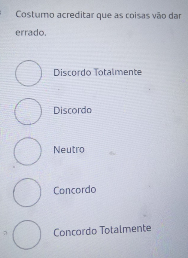 Costumo acreditar que as coisas vão dar
errado.
Discordo Totalmente
Discordo
Neutro
Concordo
Concordo Totalmente