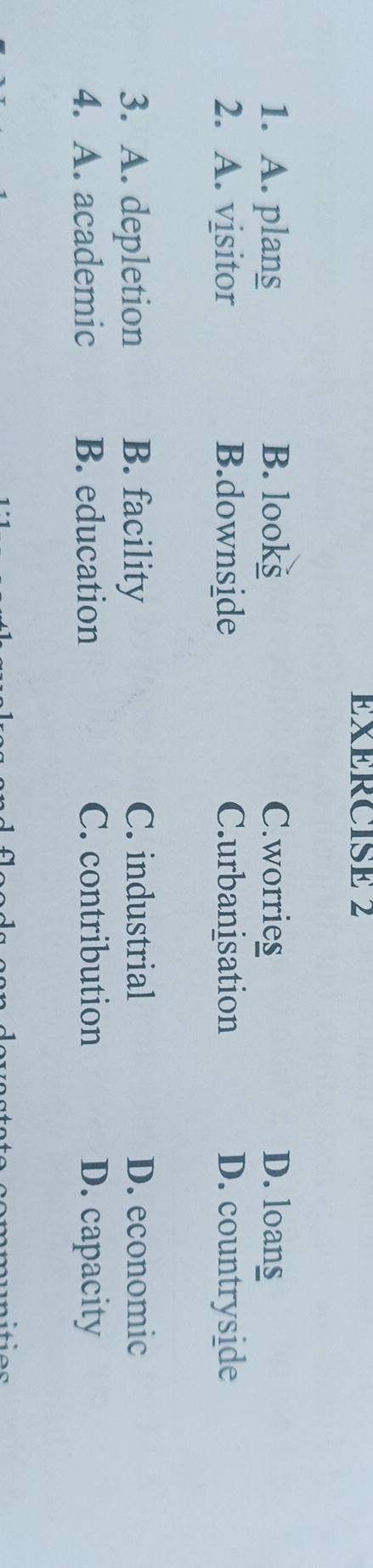 A. plans B. looks C.worries D. loans
2. A. visitor B.downside C.urbanisation D. countryside
3. A. depletion B. facility C. industrial D. economic
4. A. academic B. education C. contribution D. capacity