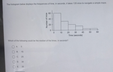 The histogram below displays the frequencies of time, in seconds, it takes 135 mice to navigate a simple maze.
Which of the following could be the median of the times, in seconds?
A. S
B. 15
C. 25
D. 30
E. 35