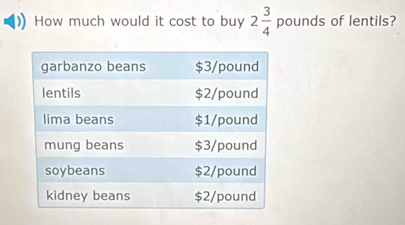 How much would it cost to buy 2 3/4  pounds of lentils?