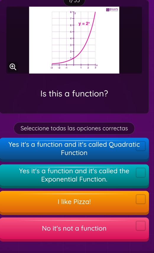 BYJUS
Is this a function?
Seleccione todas las opciones correctas
Yes it's a function and it's called Quadratic
Function
Yes it's a function and it's called the
Exponential Function.
I like Pizza!
No it's not a function