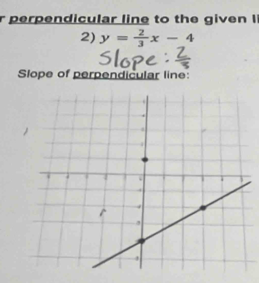 perpendicular line to the given I 
2) y= 2/3 x-4
Slope of perpendicular line: