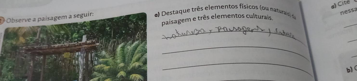 Cite 
?Observe a paisagem a seguir: 
d) Destaque três elementos físicos (ou naturais d 
nessa 
_ 
paisagem e três elementos culturais. 
_ 
_ 
_ 
_ 
_ 
b)(