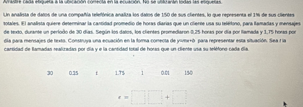 Arrastre cada etiqueta a la ubicación correcta en la ecuación. No se utilizarán todas las etiquetas. 
Un analista de datos de una compañía telefónica analíza los datos de 150 de sus clientes, lo que representa el 1% de sus clientes 
totales. El analista quiere determinar la cantidad promedio de horas diarias que un cliente usa su teléfono, para llamadas y mensajes 
de texto, durante un período de 30 días. Según los datos, los clientes promediaron 0,25 horas por día por llamada y 1,75 horas por 
día para mensajes de texto. Construya una ecuación en la forma correcta de y=mx+b para representar esta situación. Sea r la 
cantidad de llamadas realizadas por día y e la cantidad total de horas que un cliente usa su teléfono cada día.
30 0.25 t 1.75 1 0.01 150
e=□ □ +□