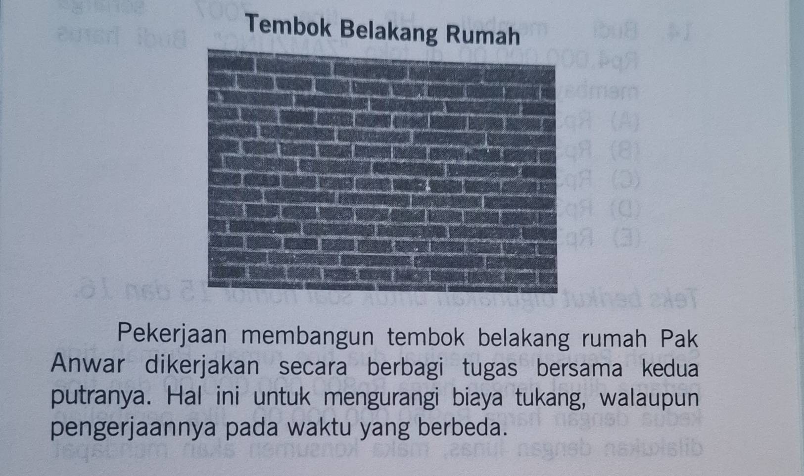 Tembok Belakang Rumah 
Pekerjaan membangun tembok belakang rumah Pak 
Anwar dikerjakan secara berbagi tugas bersama kedua 
putranya. Hal ini untuk mengurangi biaya tukang, walaupun 
pengerjaannya pada waktu yang berbeda.