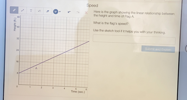 Speed
T n
Here is the graph showing the linear relationship between
the height and time of Flag A..
What is the flag's speed?
Use the sketch tool if it helps you with your thinking.
Submit and Explain
(sec.)