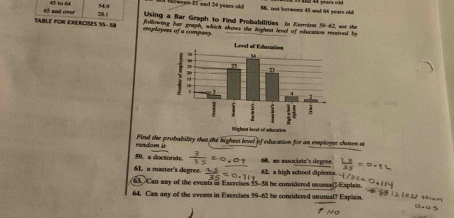 Between -21 and 24 years old 33 and 44 years old
45 to 64 54.9 58. not between 45 and 64 years old
65 and over 28.1 Using a Bar Graph to Find Probabilities In Exercises 59-62, use the
TABLE FOR EXERCISES 55-58 employees of a company. following bar graph, which shows the highest level of education received by
random i Find the probability that the highest level of education for an employee chosen at
59. a doctorate. 60. an associate's degree.
61. a master's degree. 62. a high school diploma.
63. Can any of the events in Exercises 55-58 be considered unusual? Explain.
64. Can any of the events in Exercises 59-62 be considered unusual? Explain.