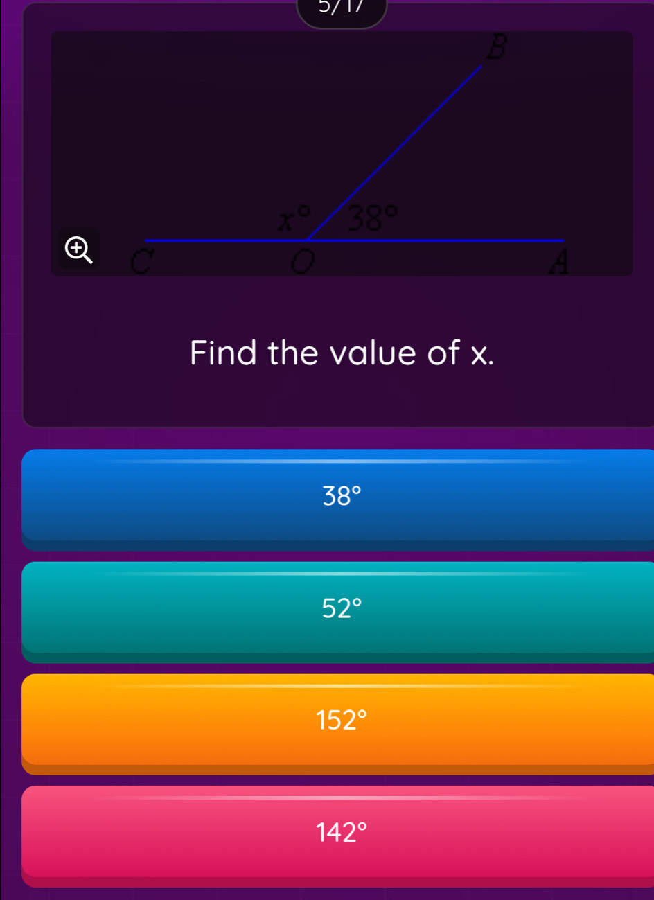 Find the value of x.
38°
52°
152°
142°