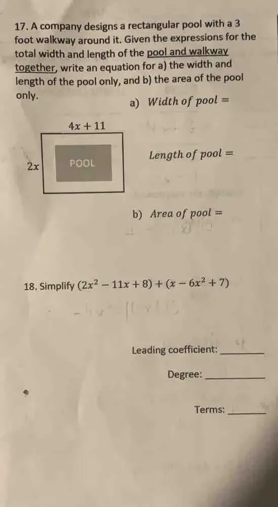 Solved: A company designs a rectangular pool with a 3 foot walkway ...