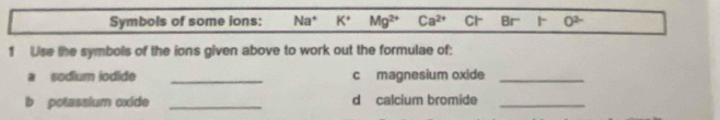 Symbols of some ions: Na^+ K^+ Mg^(2+) Ca^(2+) C 1^- Br^- 0^2
1 Use the symbols of the ions given above to work out the formulae of: 
a sodium iodide _c magnesium oxide_ 
b potassium oxide _d calcium bromide_