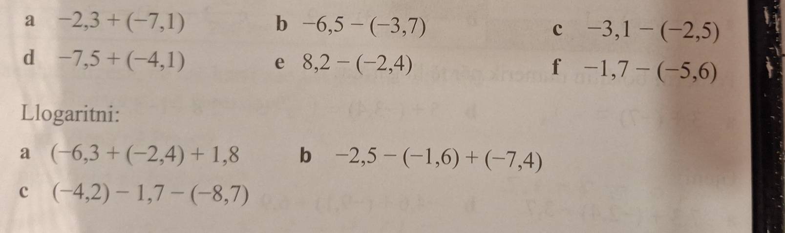 a -2,3+(-7,1)
b -6,5-(-3,7)
c -3,1-(-2,5)
d -7,5+(-4,1)
e 8,2-(-2,4)
f -1,7-(-5,6)
Llogaritni: 
a (-6,3+(-2,4)+1,8
b -2,5-(-1,6)+(-7,4)
c (-4,2)-1,7-(-8,7)