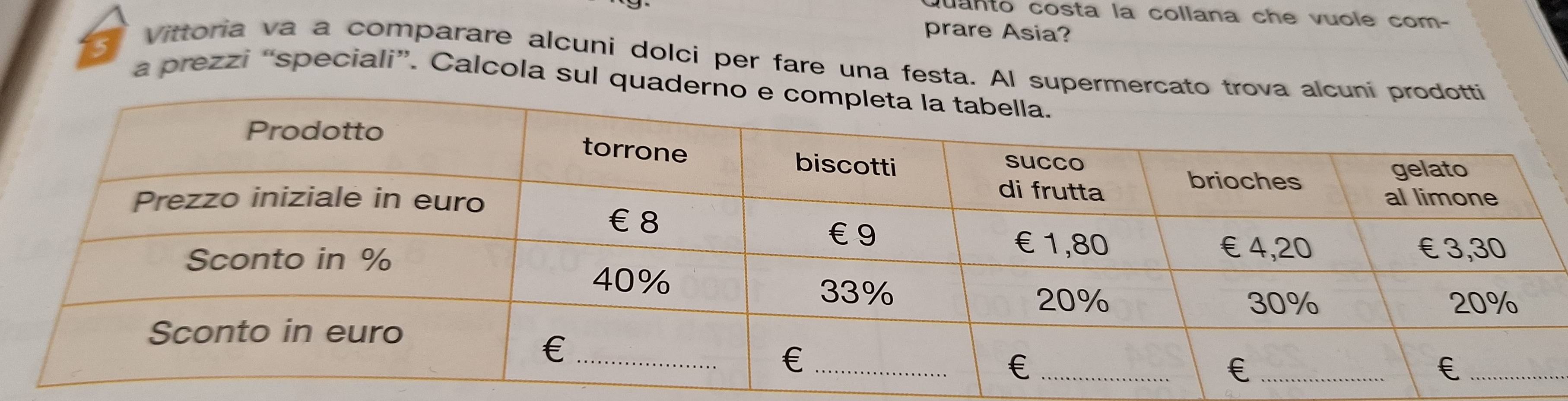 Quanto costa la collana che vuole com- 
prare Asia? 
Vittoria va a comparare alcuni dolci per fare una festa. Al supermercato 
a prezzi “speciali”. Calcola sul quader