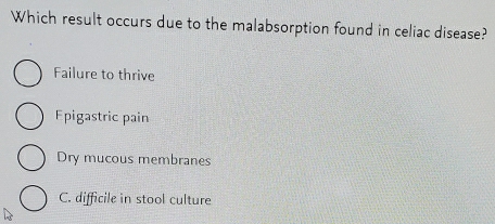 Which result occurs due to the malabsorption found in celiac disease?
Failure to thrive
Epigastric pain
Dry mucous membranes
C. difficile in stool culture