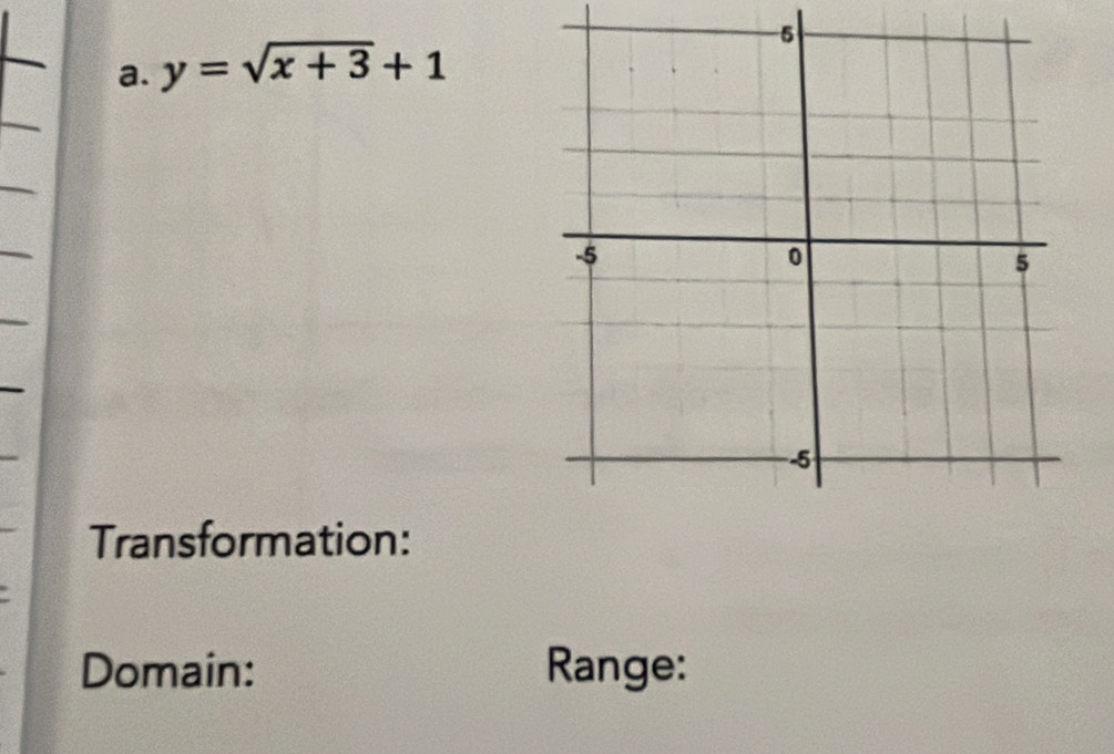 y=sqrt(x+3)+1
Transformation: 
Domain: Range: