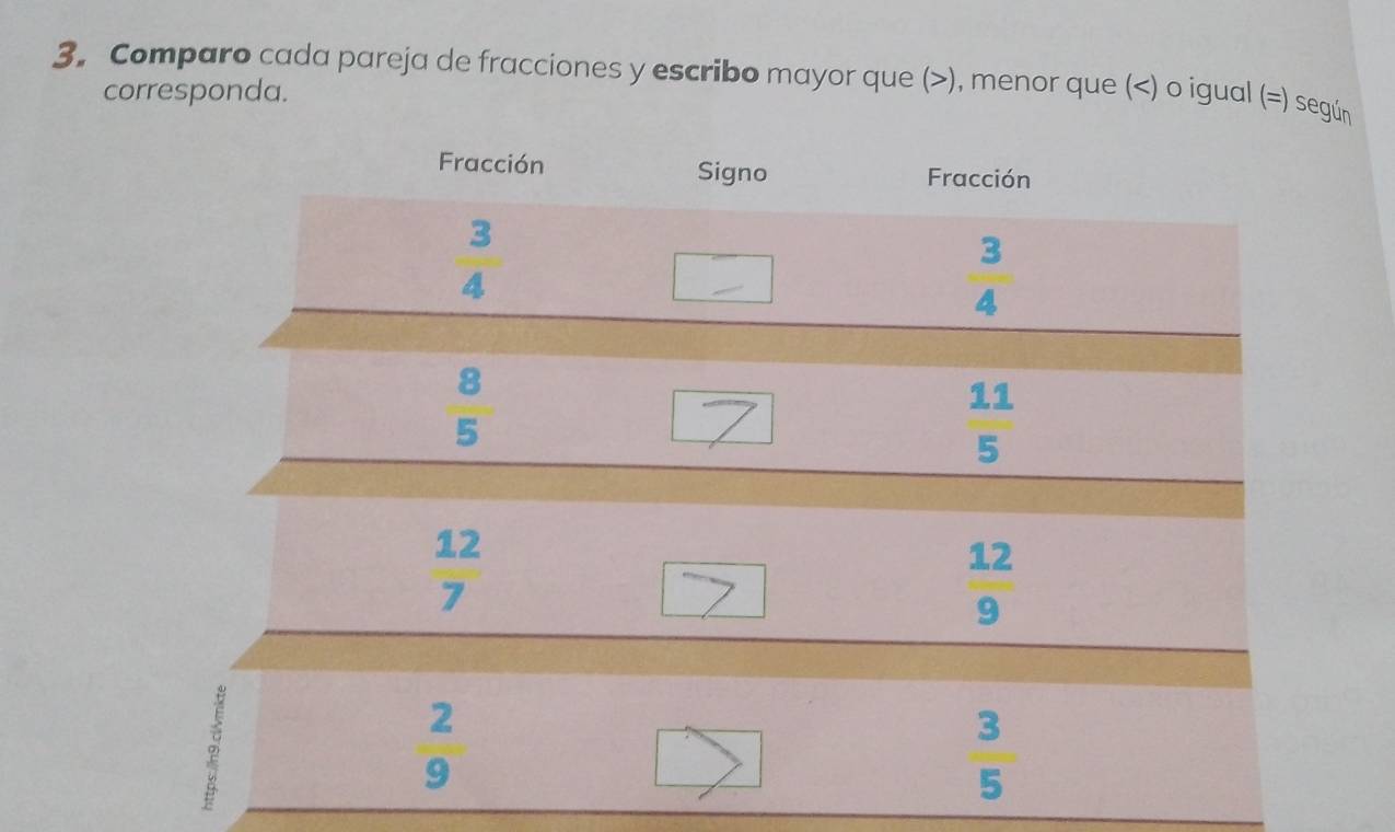 Comparo cada pareja de fracciones y escribo mayor que (>), menor que (