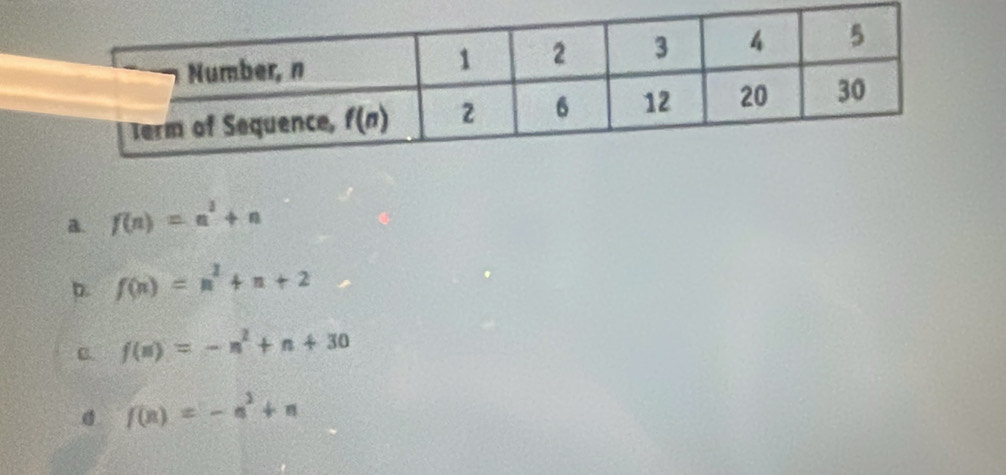 a. f(n)=n^2+n
D. f(n)=n^2+n+2
B. f(n)=-n^2+n+30
f(n)=-n^3+n