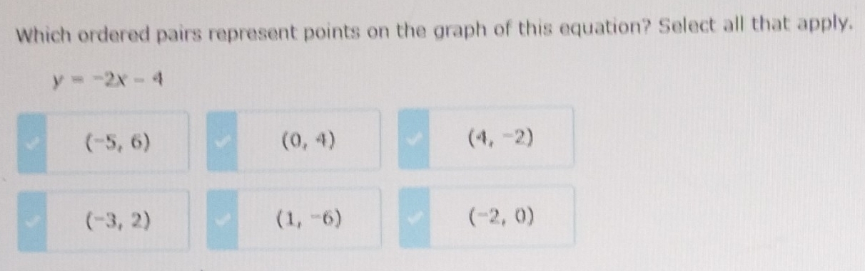 Which ordered pairs represent points on the graph of this equation? Select all that apply.
y=-2x-4
√ (-5,6)
(0,4)
(4,-2)
(-3,2)
(1,-6)
(-2,0)