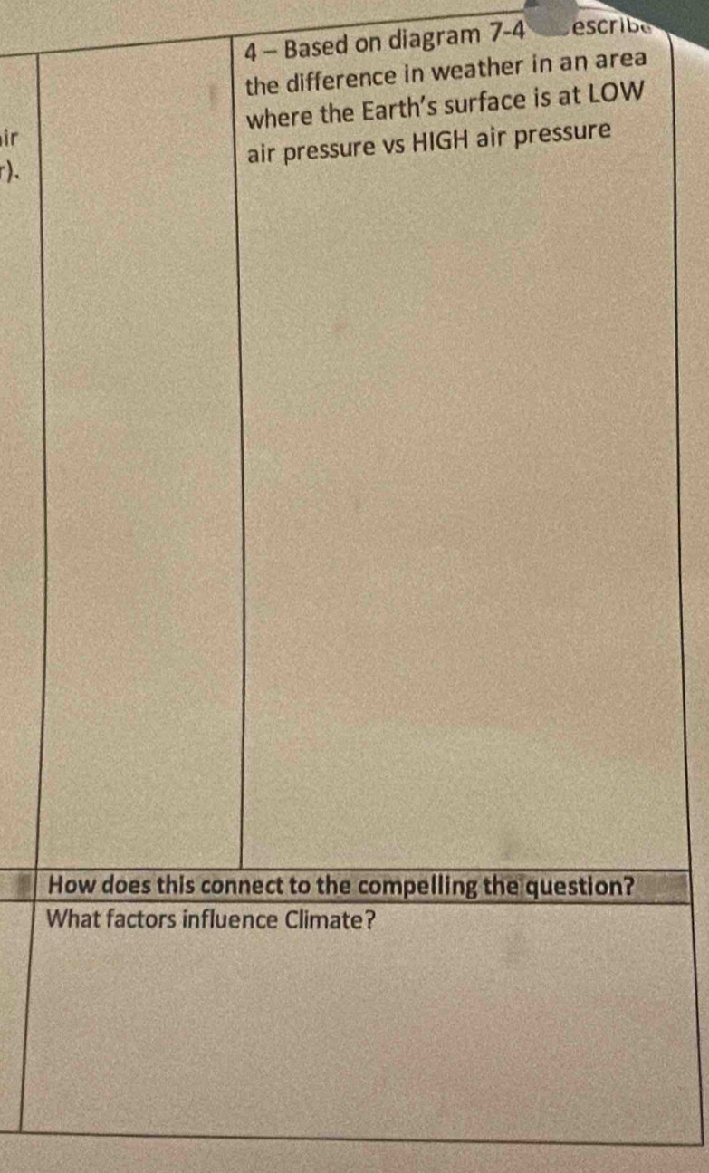 Based on diagram 7-4 escribe 
the difference in weather in an area 
ir where the Earth’s surface is at LOW 
r)、 air pressure vs HIGH air pressure 
How does this connect to the compelling the question? 
What factors influence Climate?