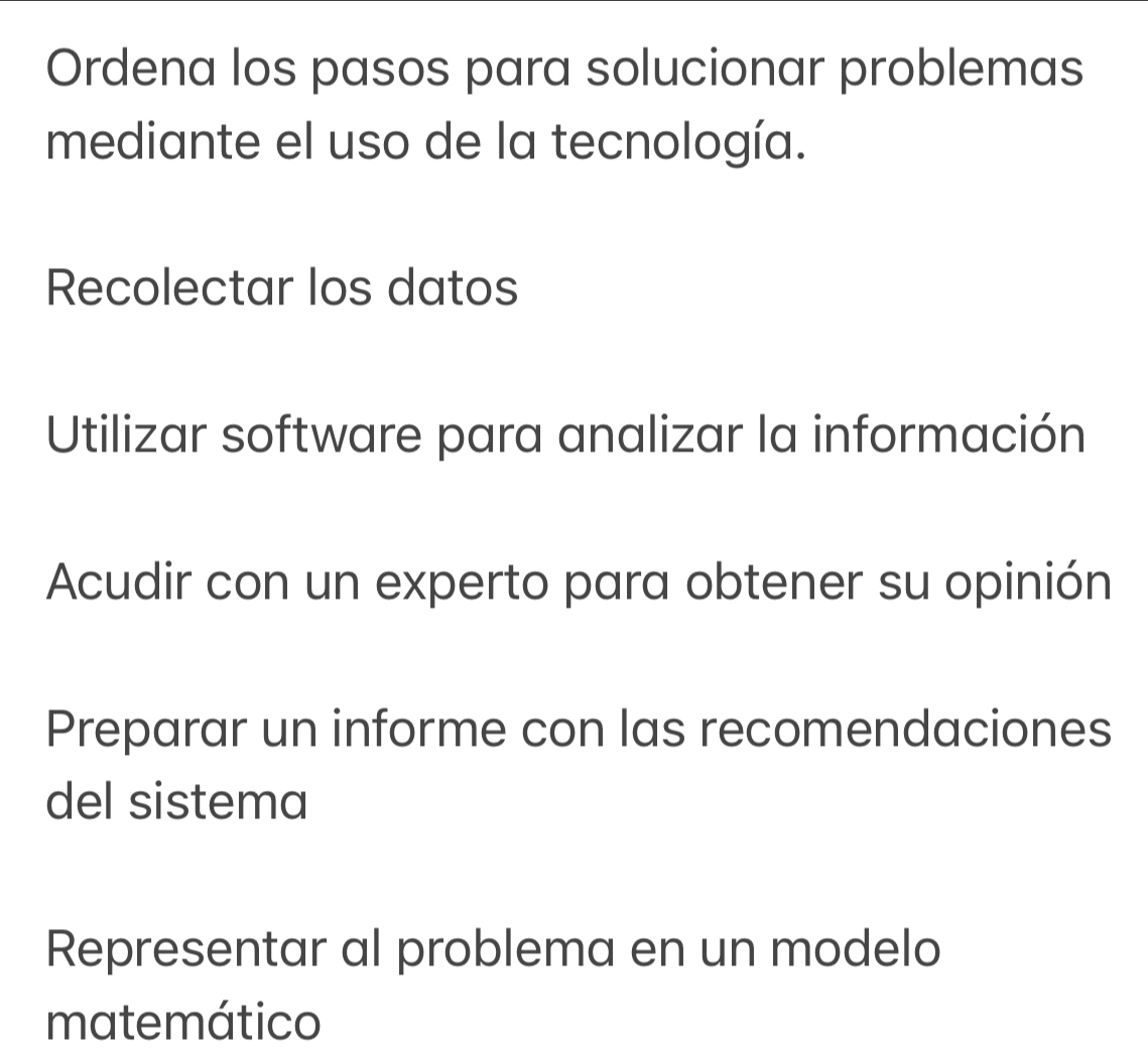 Ordena los pasos para solucionar problemas
mediante el uso de la tecnología.
Recolectar los datos
Utilizar software para analizar la información
Acudir con un experto para obtener su opinión
Preparar un informe con las recomendaciones
del sistema
Representar al problema en un modelo
matemático