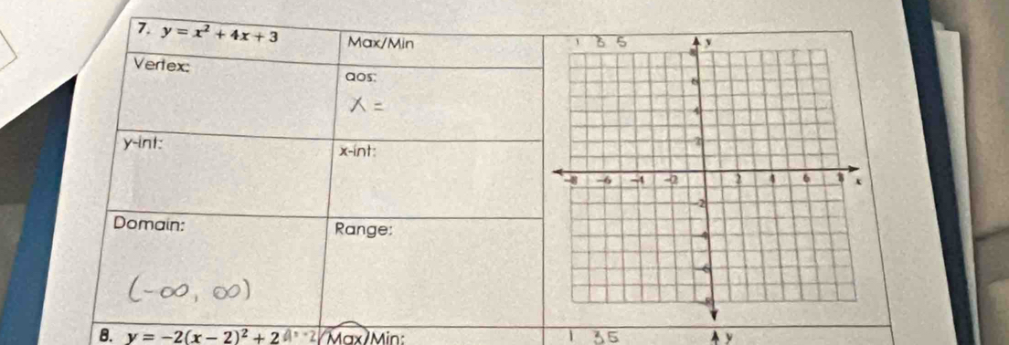 y=x^2+4x+3 Max/Min 
Vertex: aos:
y -int: x -int:
Domain: Range:
8. y=-2(x-2)^2+24^(x+2) Max/Min: 35 ↑ y