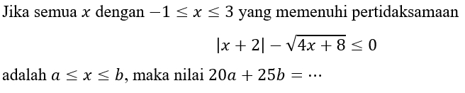 Jika semua x dengan -1≤ x≤ 3 yang memenuhi pertidaksamaan
|x+2|-sqrt(4x+8)≤ 0
adalah a≤ x≤ b , maka nilai 20a+25b=·s