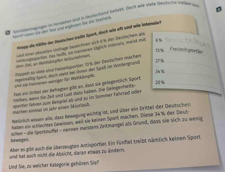 a 
D Sportübertragungen im Fernsehen sind in Deutschland beliebt. Doch wie viele Deutsche treiben auc 
Sport? Lesen Sie den Text und ergänzen Sie die Statistik. 
_ 
Knapp die Hälfte der Deutschen treibt Sport, doch wie oft und wie intensiv? 
_ 
Laut einer aktuellen Umfrage bezeichnen sich 6% der Deutschen als 
Leistungssportler. Das heißt, sie trainieren täglich intensiv, meist mit 6%
13% Freizeitsportler
27%
dem Ziel, an Wettkämpfen teilzunehmen. 
Doppelt so viele sind Freizeitsportler. 13% der Deutschen machen 
regelmäßig Sport, doch steht bei ihnen der Spaß im Vordergrund__
34%
und sie trainieren weniger für Wettkämpfe. 
Fast ein Drittel der Befragten gibt an, dass sie gelegentlich Sport_
20%
treiben, wenn Sie Zeit und Lust dazu haben. Die Gelegenheits- 
sportler fahren zum Beispiel ab und zu im Sommer Fahrrad oder 
machen einmal im Jahr einen Skiurlaub. 
Natürlich wissen alle, dass Bewegung wichtig ist, und über ein Drittel der Deutschen 
haben ein schlechtes Gewissen, weil sie keinen Sport machen. Diese 34% der Deut- 
schen - die Sportmuffel - nennen meistens Zeitmangel als Grund, dass sie sich zu wenig 
bewegen. 
Aber es gibt auch die überzeugten Antisportler. Ein Fünftel treibt nämlich keinen Sport 
und hat auch nicht die Absicht, daran etwas zu ändern. 
Und Sie, zu welcher Kategorie gehören Sie?