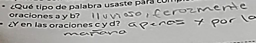 ¿Qué tipo de palabra usaste para cu 
oraciones a y b? 
¿Yen las oraciones c y d?