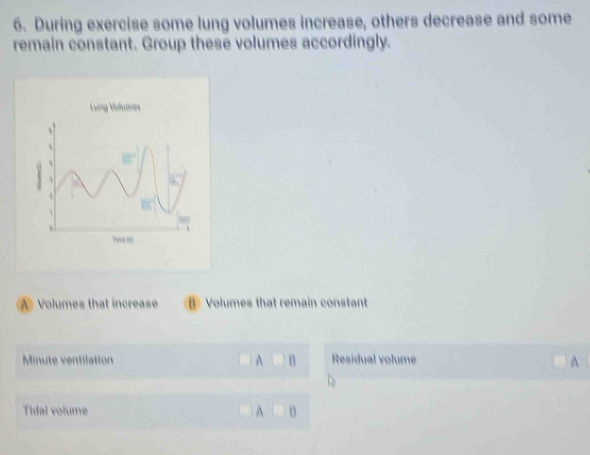 During exercise some lung volumes increase, others decrease and some
remain constant. Group these volumes accordingly.
A Volumes that increase B Volumes that remain constant
Minute ventilation A 1 Residual volume A
Tidal volume A B