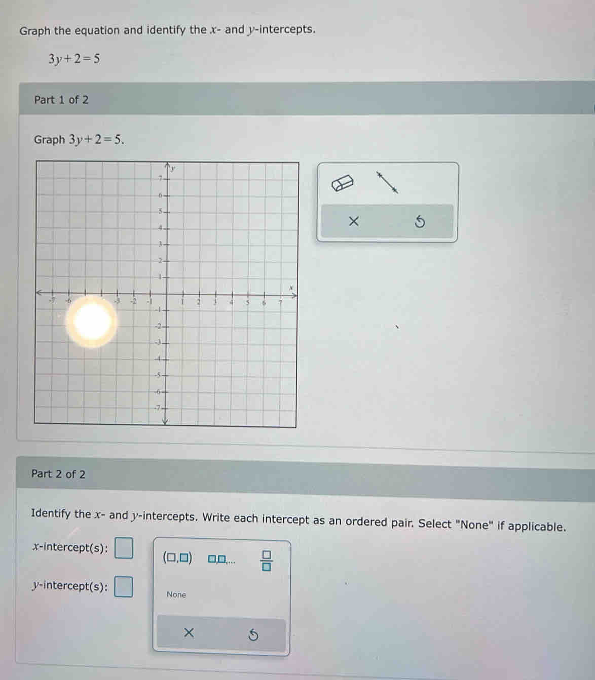 Graph the equation and identify the x - and y-intercepts.
3y+2=5
Part 1 of 2
Graph 3y+2=5. 
×
Part 2 of 2
Identify the x - and y-intercepts. Write each intercept as an ordered pair. Select "None" if applicable.
x-intercept(s):
(□ ,□ ) □,□,.  □ /□   
y-intercept(s):
None